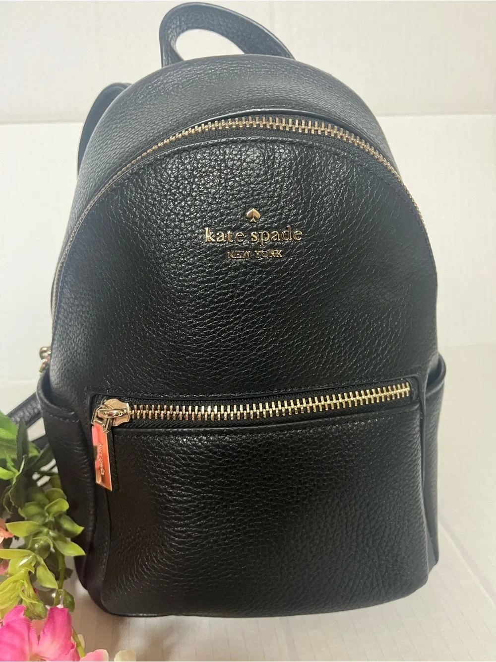 kate spade Black Pebbled Leather Mini Backpack with Gold Hardware